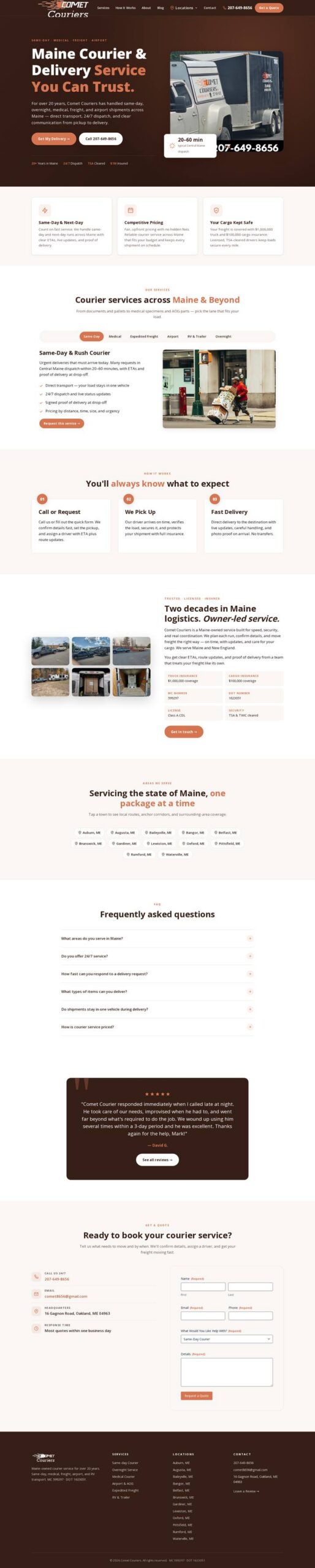Full-page screenshot of the Comet Couriers website