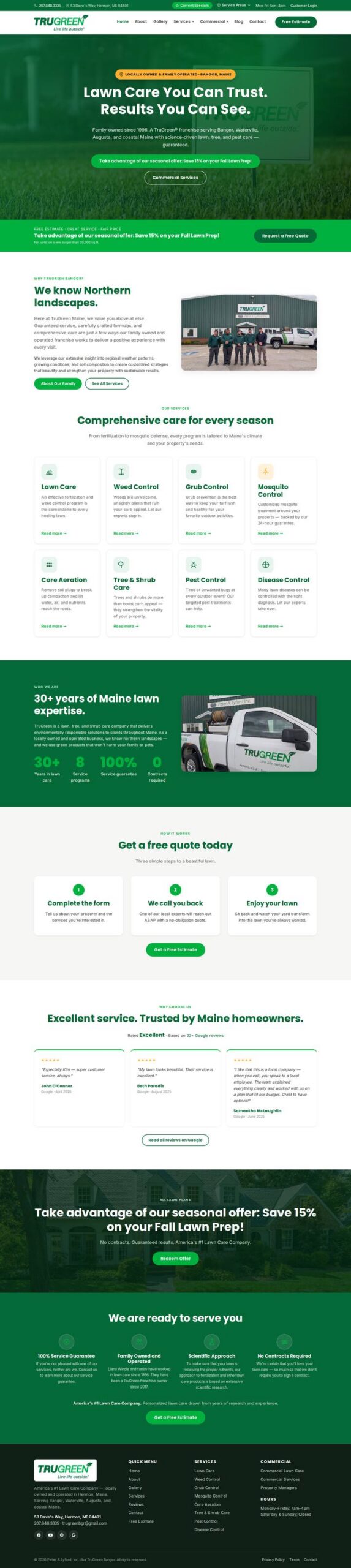 Full-page screenshot of the TruGreen Bangor website